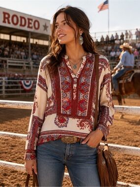 Tiny Anthropologie Nahara Paisley Mixed Media Boho Tunic Blouse Lace Medium